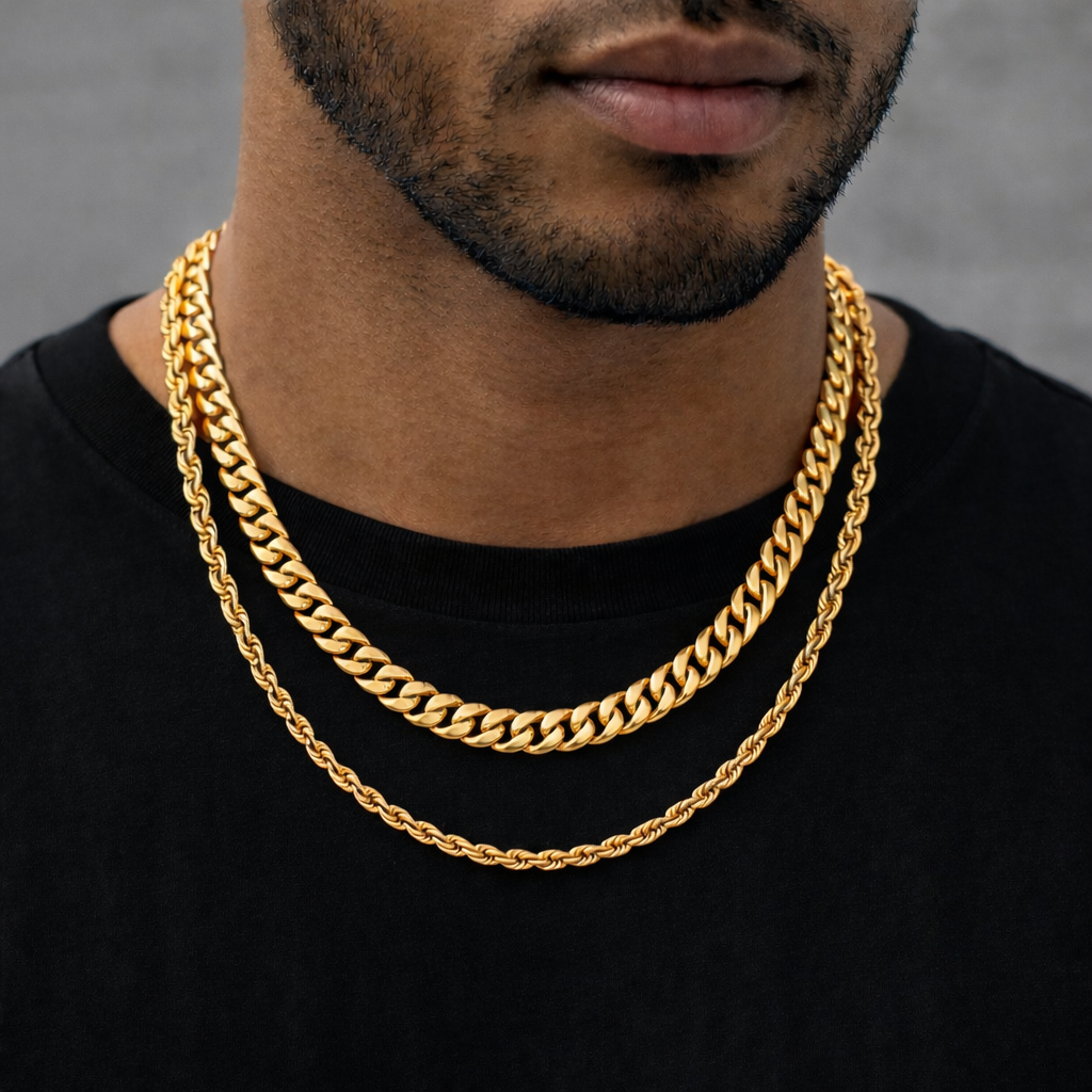 8mm Cuban link and 6mm rope link layered chain set