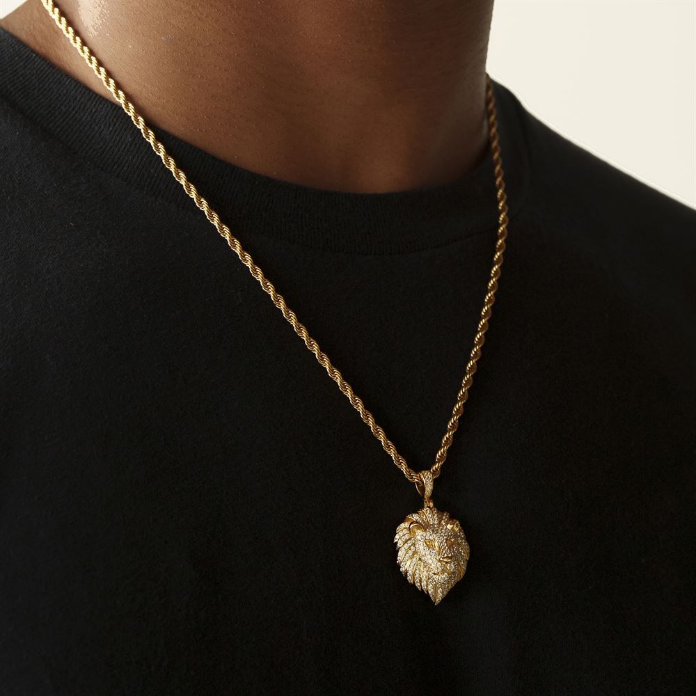 Diamond Lion Head Necklace Pendant & Rope Chain