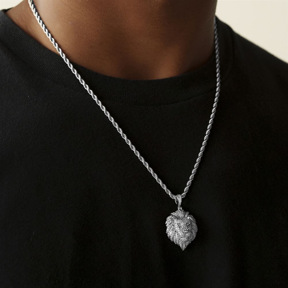 Diamond Lion Head Necklace Pendant & Rope Chain White Gold