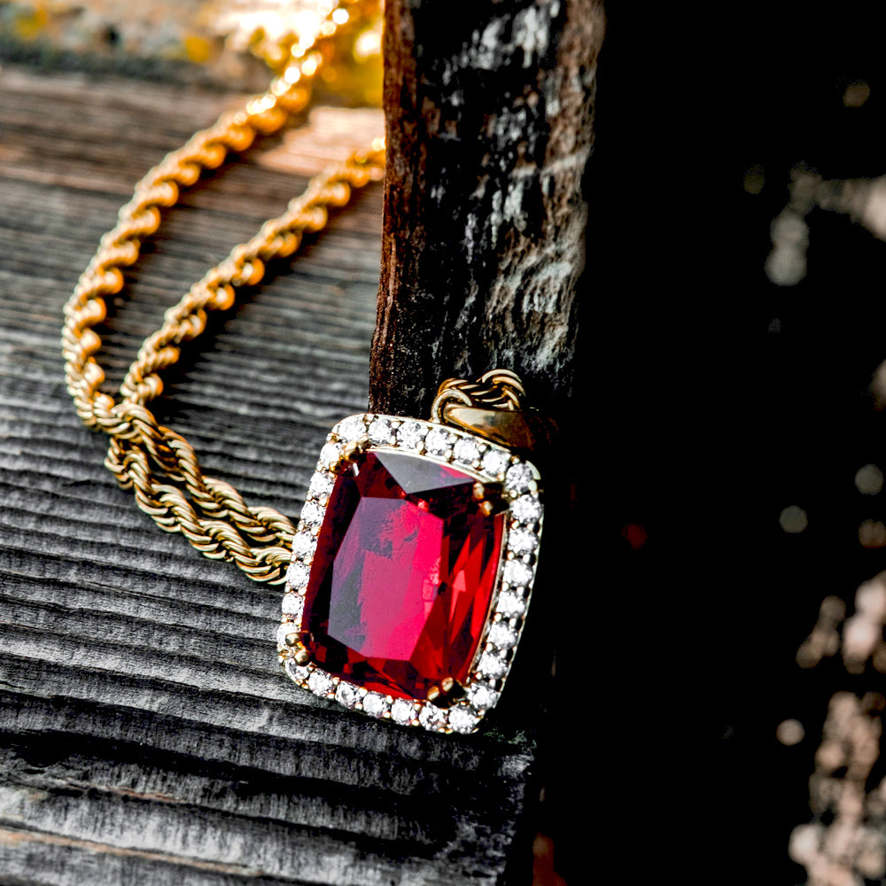 MICRO AURA RUBY NECKLACE PENDANT & ROPE GOLD CHAIN
