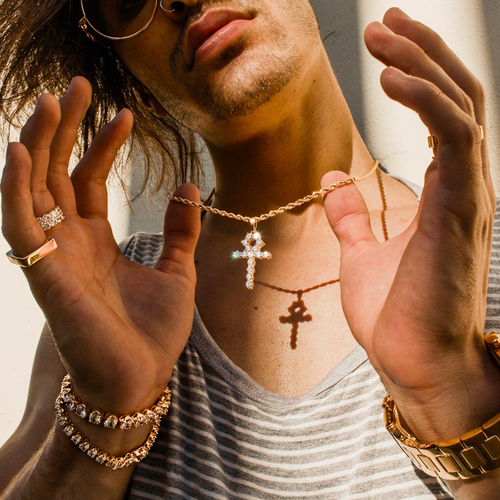 MICRO DIAMOND ANKH GOLD NECKLACE PENDANT & ROPE GOLD CHAIN The Gold Gods