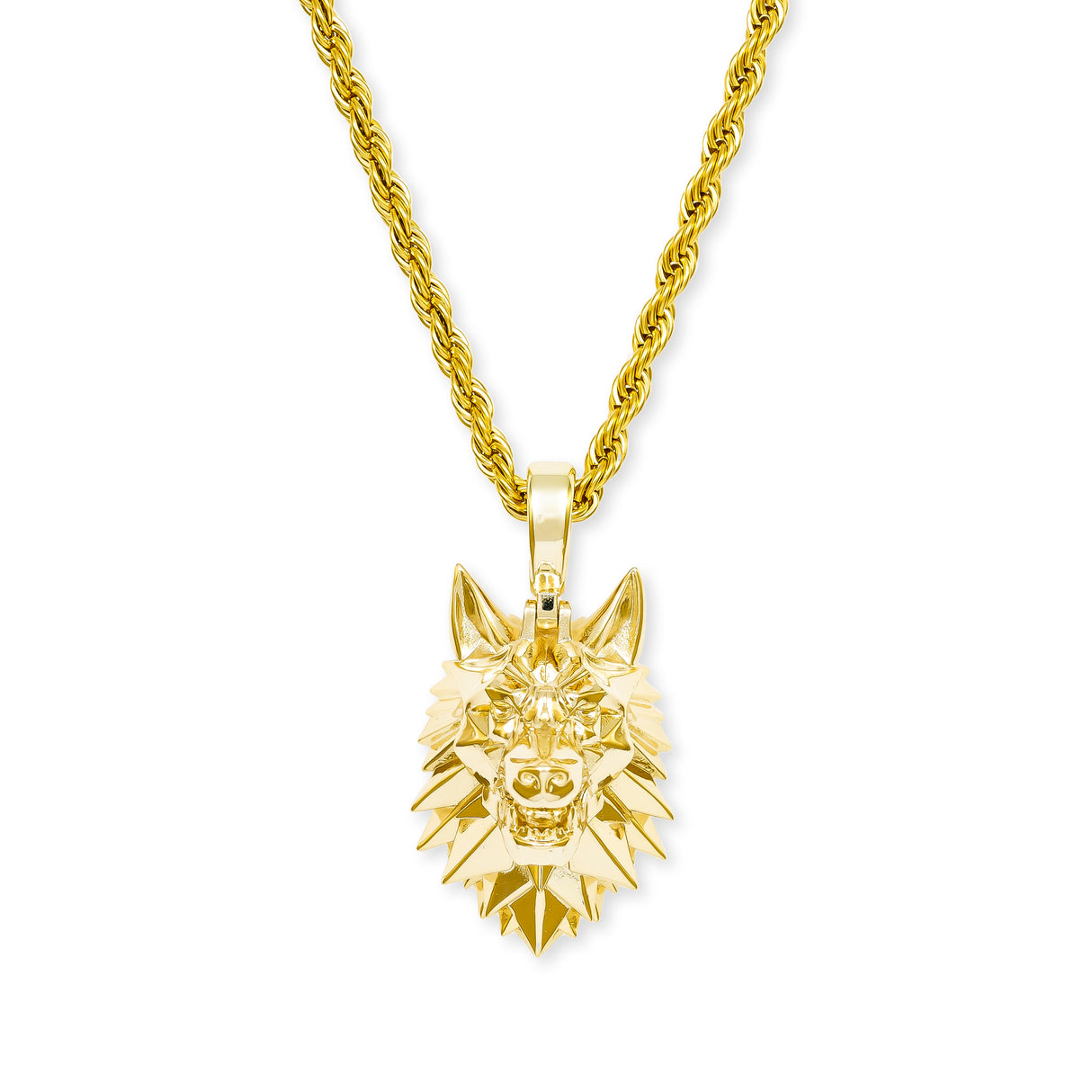Wolf Head Necklace Pendant & Rope Chain The Gold Gods Men's Jewelry