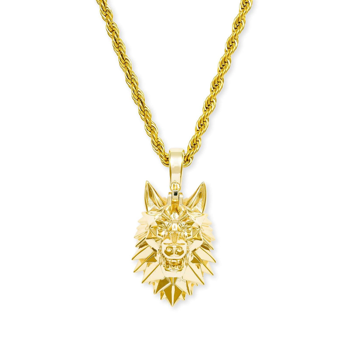 Wolf Head Necklace Pendant & Rope Chain The Gold Gods Men's Jewelry