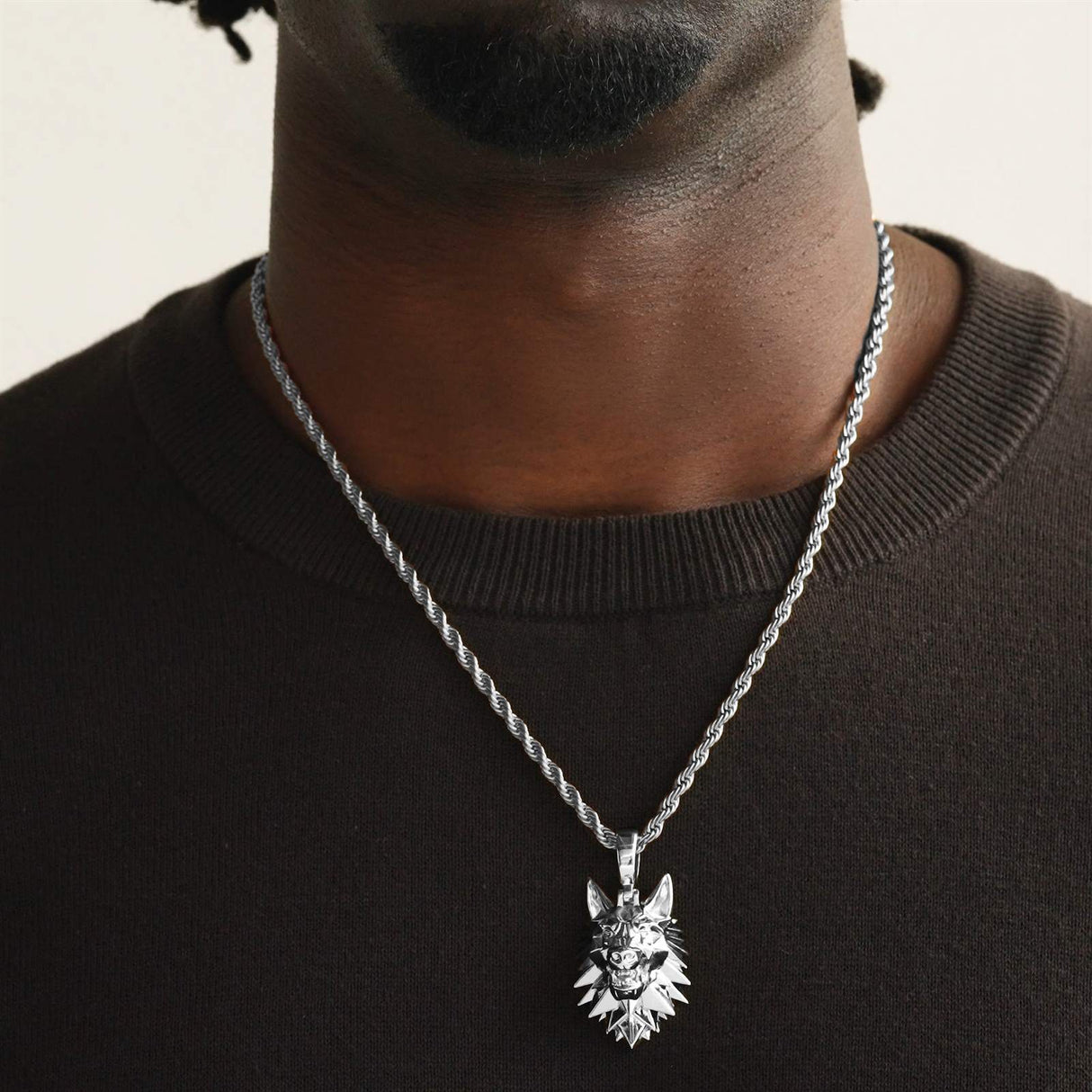 Wolf Head Necklace Pendant & Rope Chain The Gold Gods Men's Jewelry White Gold