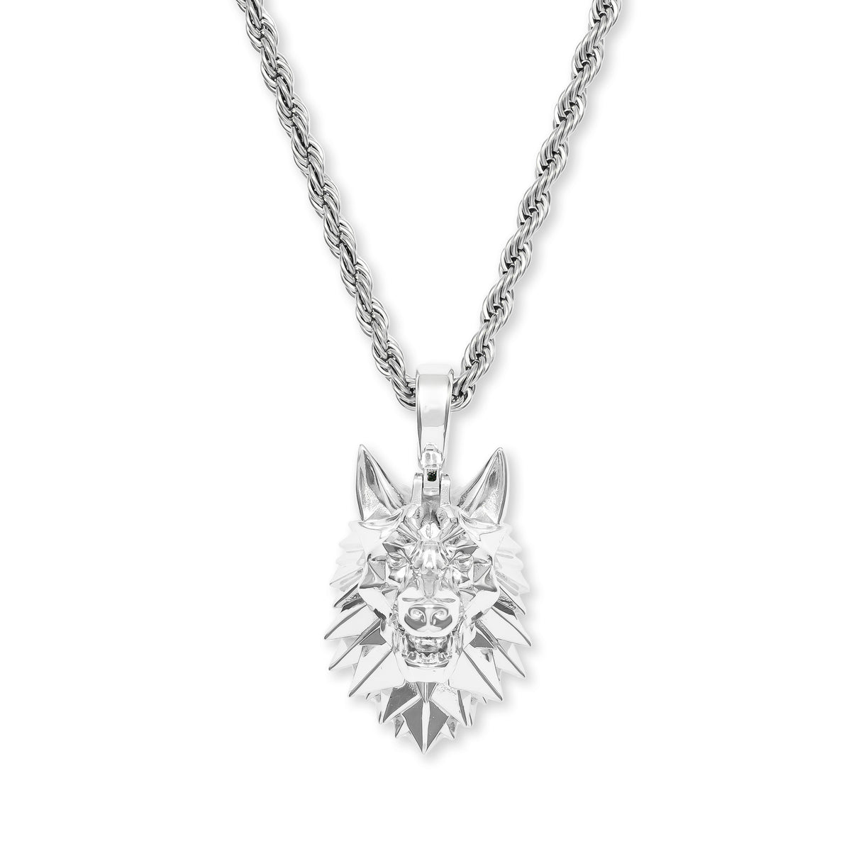 Wolf Head Necklace Pendant & Rope Chain The Gold Gods Men's Jewelry White Gold