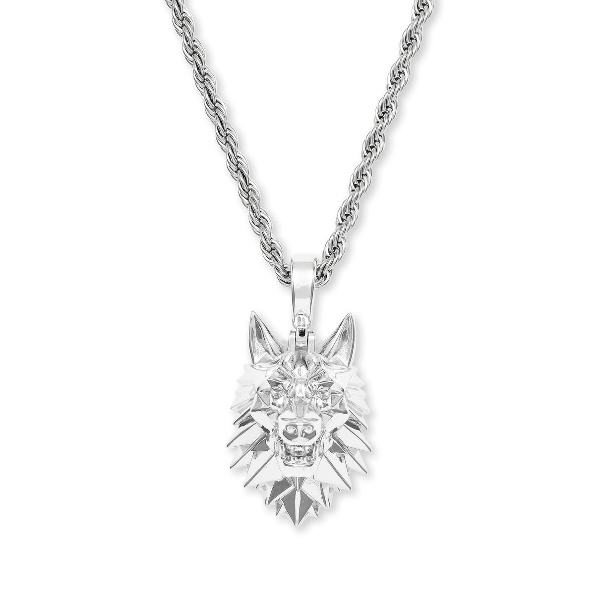 Wolf Head Necklace Pendant & Rope Chain The Gold Gods Men's Jewelry White Gold