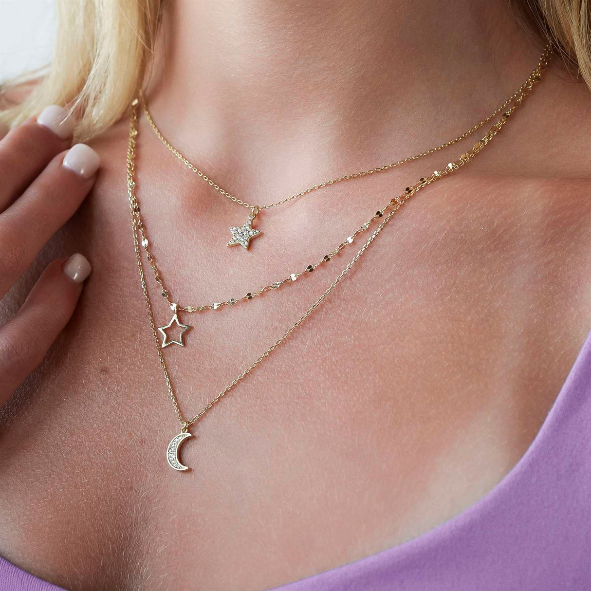 Women's Vermeil 3 Layered Diamond Star Moon Necklace Pendant