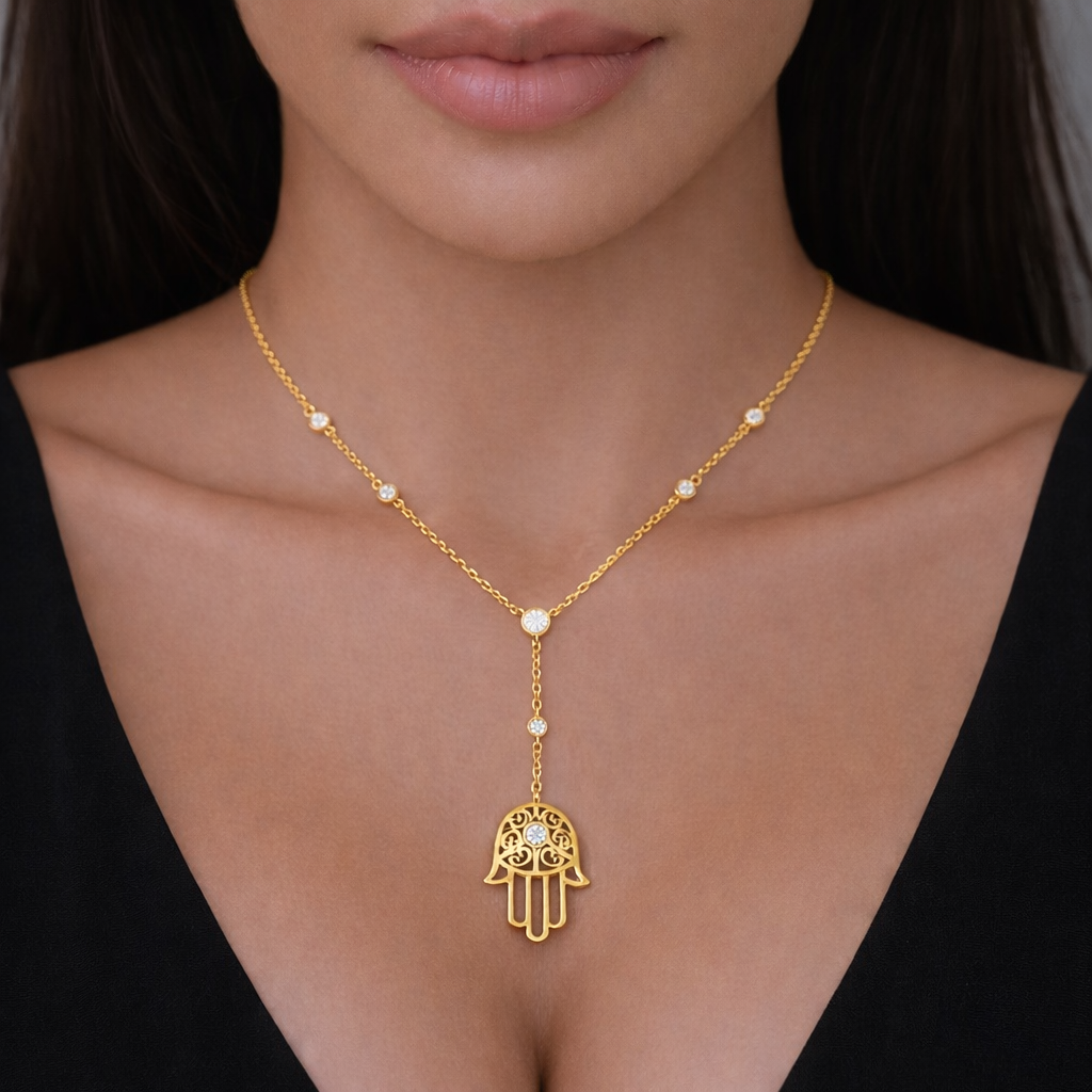 Women's Vermeil Bezel Diamond Tribal Hamsa Hand Necklace Pendant The Gold Goddess Women’s Jewelry By The Gold Gods