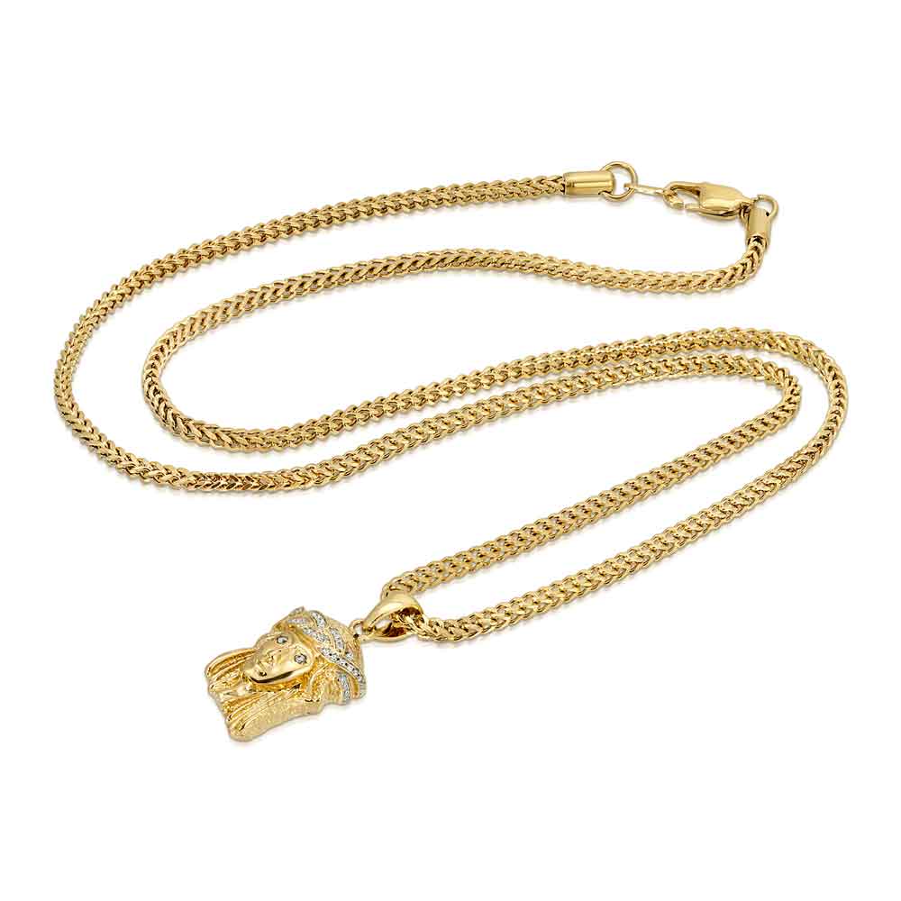 Micro Jesus Piece Necklace & Franco Chain top view The Gold Gods