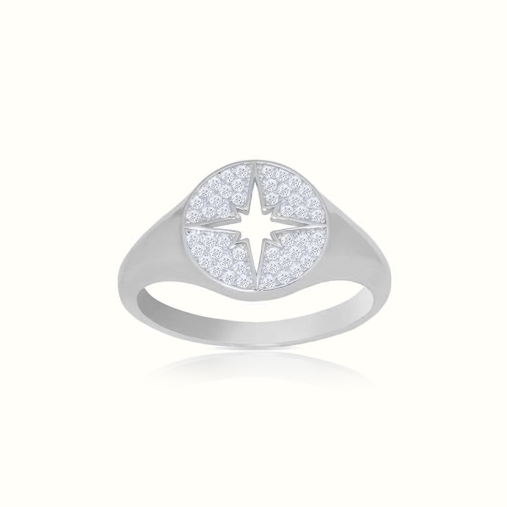 Men's Silver Diamond Shinning Star Signet Ring