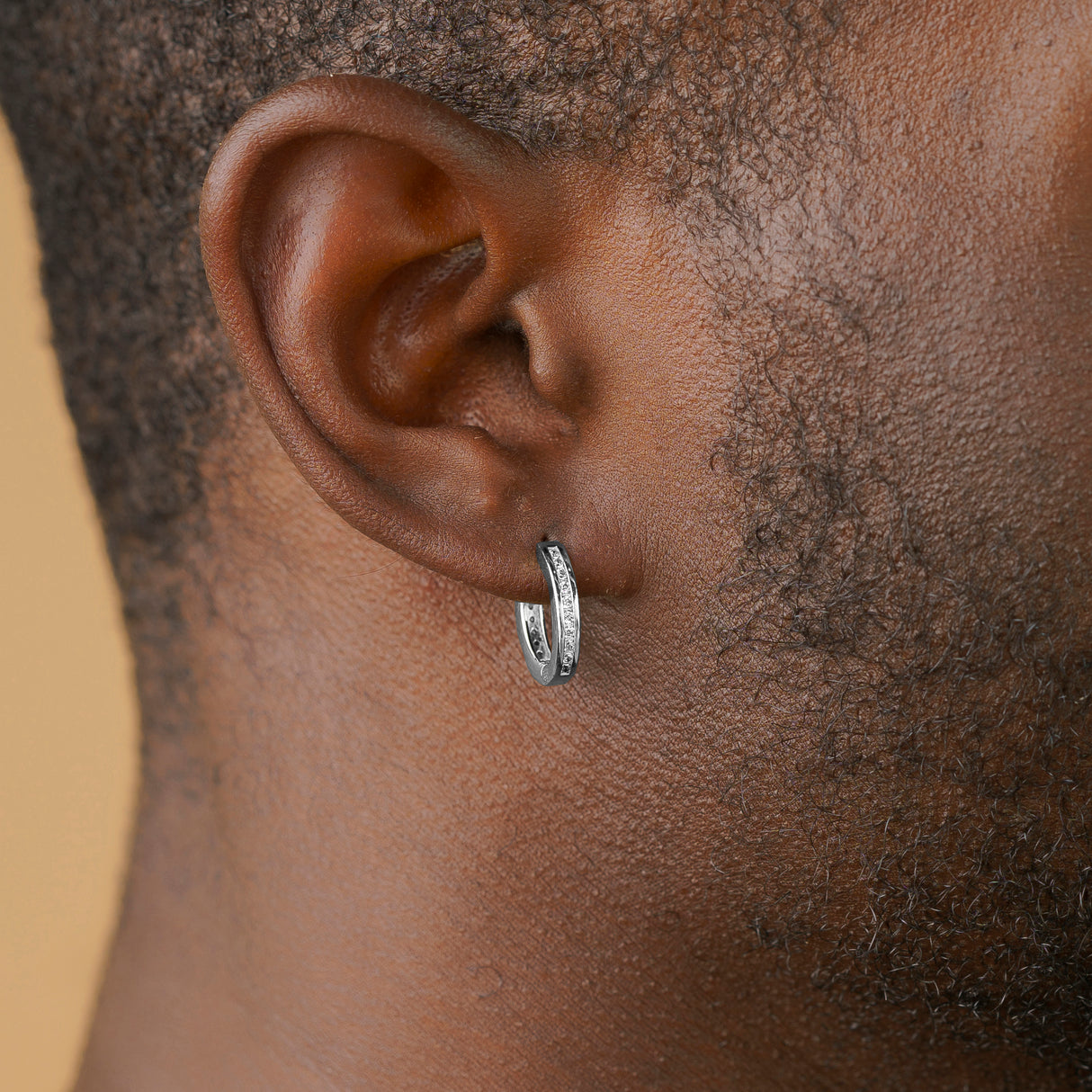 Silver Micro Diamond Hoop Earrings On Model