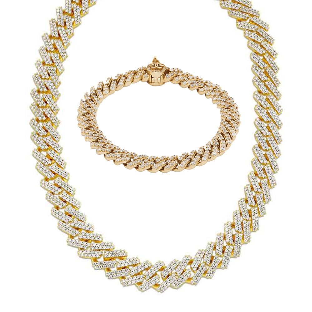 Diamond Cuban Chain & Bracelet Straight Edge Bundle (15mm)