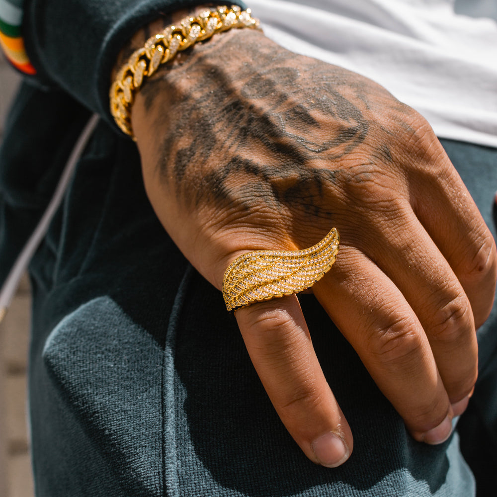 Diamond Angel Wing Ring The Gold Gods front close up view in gold