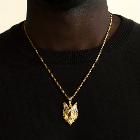 Gold Tribal Wolf Necklace Pendant & Rope Gold Chain Gold