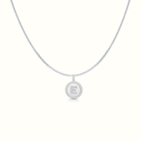 Women's Silver Capital Initial Letter E Coin Micro Diamond Necklace Pendant The Gold Goddess Women’s Jewelry By The Gold Gods