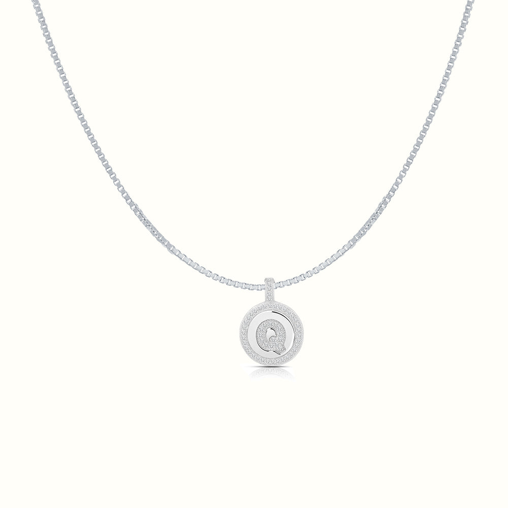 Women's Silver Capital Initial Letter Q Coin Micro Diamond Necklace Pendant The Gold Goddess Women’s Jewelry By The Gold Gods