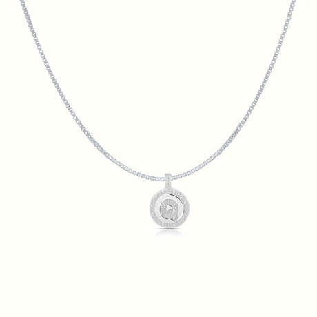 Women's Silver Capital Initial Letter Q Coin Micro Diamond Necklace Pendant The Gold Goddess Women’s Jewelry By The Gold Gods