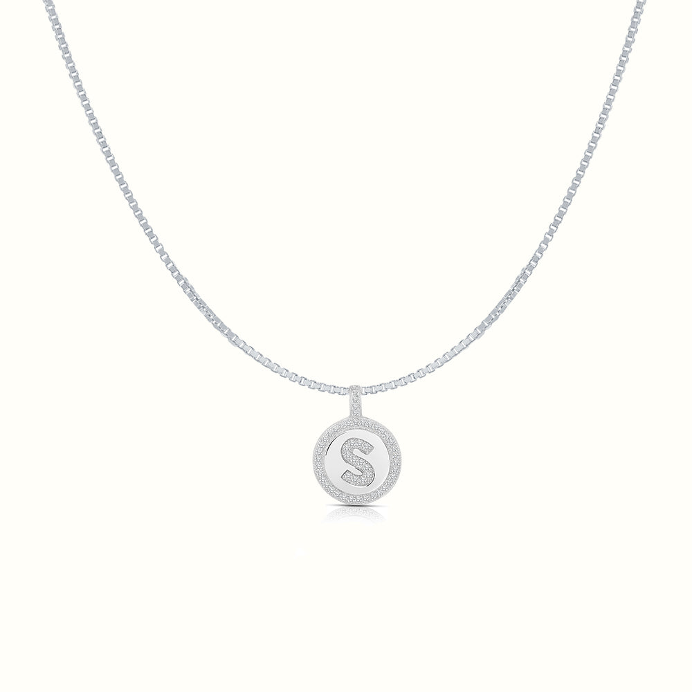 Women's Silver Capital Initial Letter S Coin Micro Diamond Necklace Pendant The Gold Goddess Women’s Jewelry By The Gold Gods