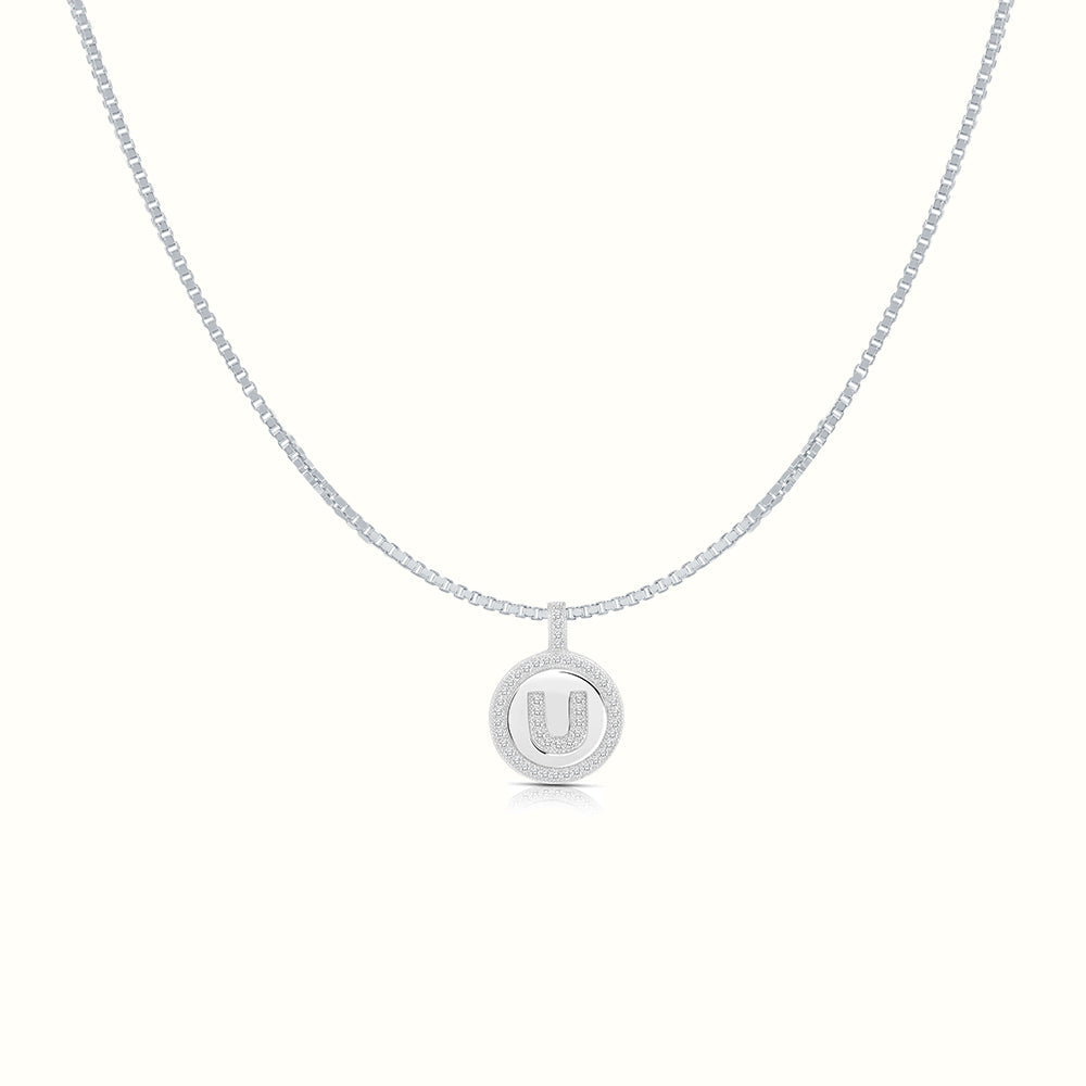 Women's Silver Capital Initial Letter U Coin Micro Diamond Necklace Pendant The Gold Goddess Women’s Jewelry By The Gold Gods