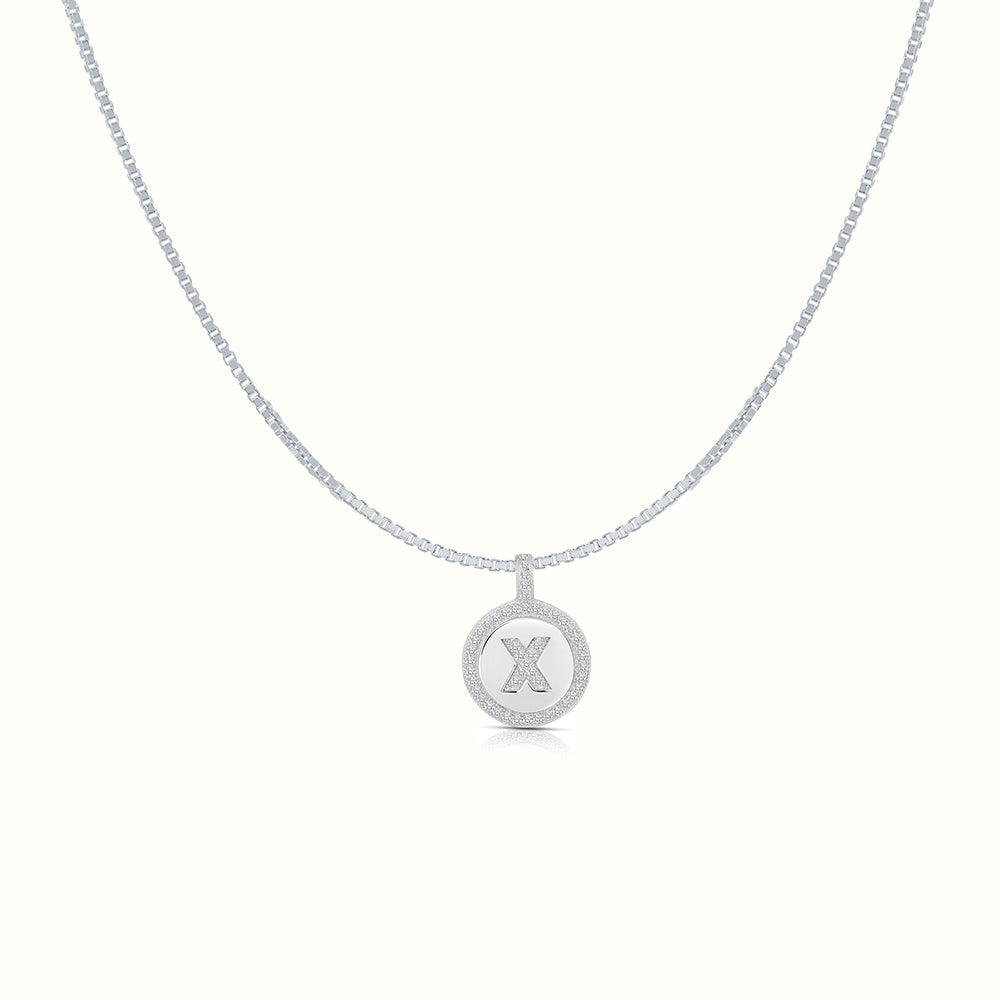 Women's Silver Capital Initial Letter X Coin Micro Diamond Necklace Pendant The Gold Goddess Women’s Jewelry By The Gold Gods