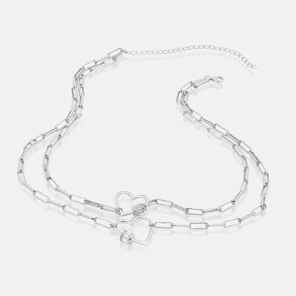 Women's Silver Twin Diamond Adorned Hearts & Paperclip Chain The Gold Goddess Women’s Jewelry By The Gold Gods