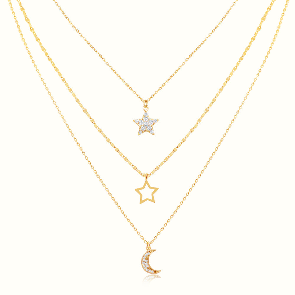 Women's Vermeil 3 Layered Diamond Star Moon Necklace Pendant The Gold Goddess Women’s Jewelry By The Gold Gods