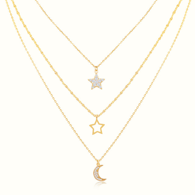 Women's Vermeil 3 Layered Diamond Star Moon Necklace Pendant The Gold Goddess Women’s Jewelry By The Gold Gods