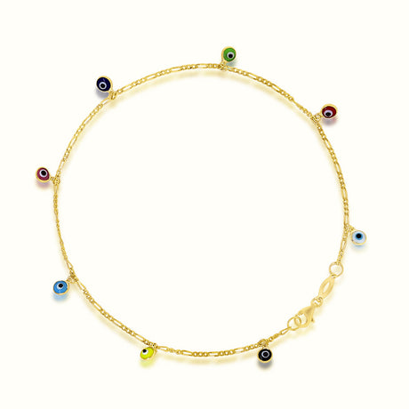 Women's Vermeil Dangling Multi Color Evil Eyes Anklet The Gold Goddess Women’s Jewelry By The Gold Gods