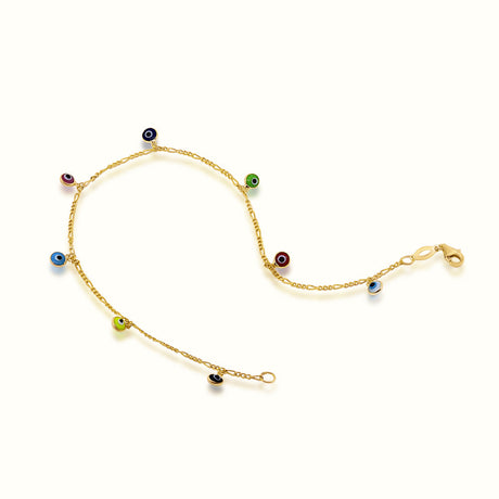 Women's Vermeil Dangling Multi Color Evil Eyes Anklet The Gold Goddess Women’s Jewelry By The Gold Gods