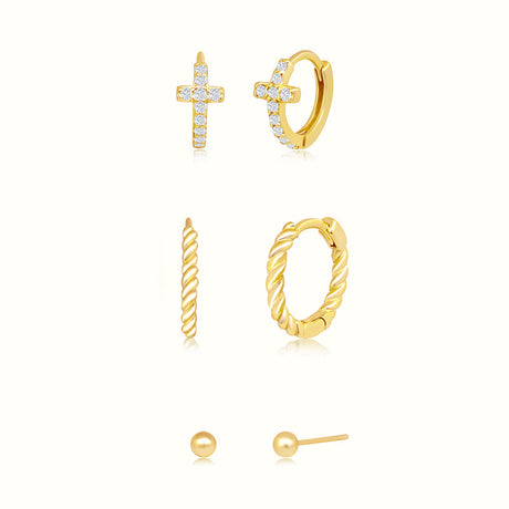 Women's Vermeil Diamond Cross Double Hoops & Stud Trio Set Earrings The Gold Goddess Women’s Jewelry By The Gold Gods