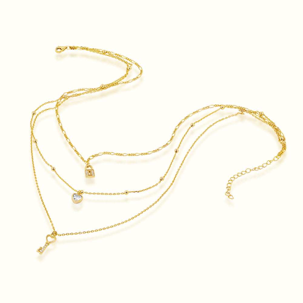 Women's Vermeil Diamond Heart Lock Layared Necklace Pendant The Gold Goddess Women’s Jewelry By The Gold Gods