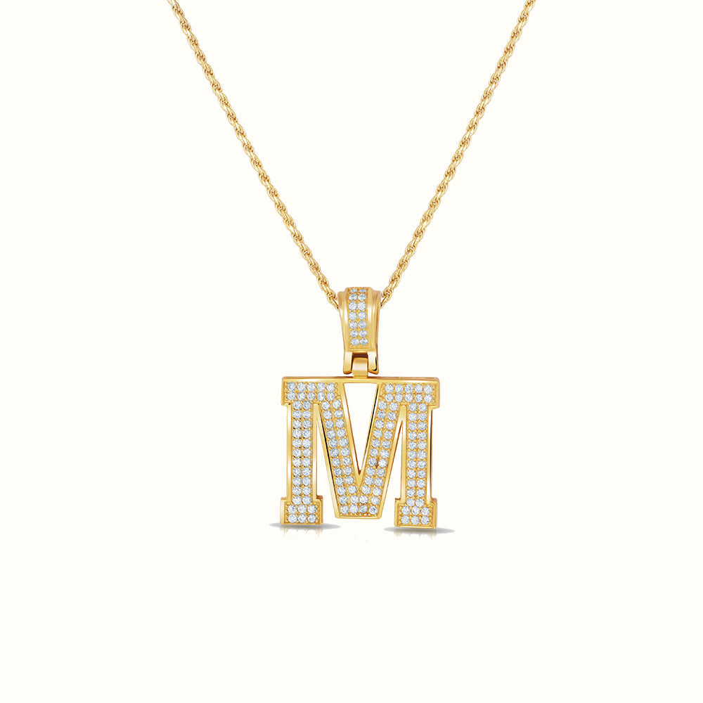 Women's Vermeil Diamond Initial Capital Letter M Necklace Pendant Rope Chain The Gold Goddess Women’s Jewelry By The Gold Gods