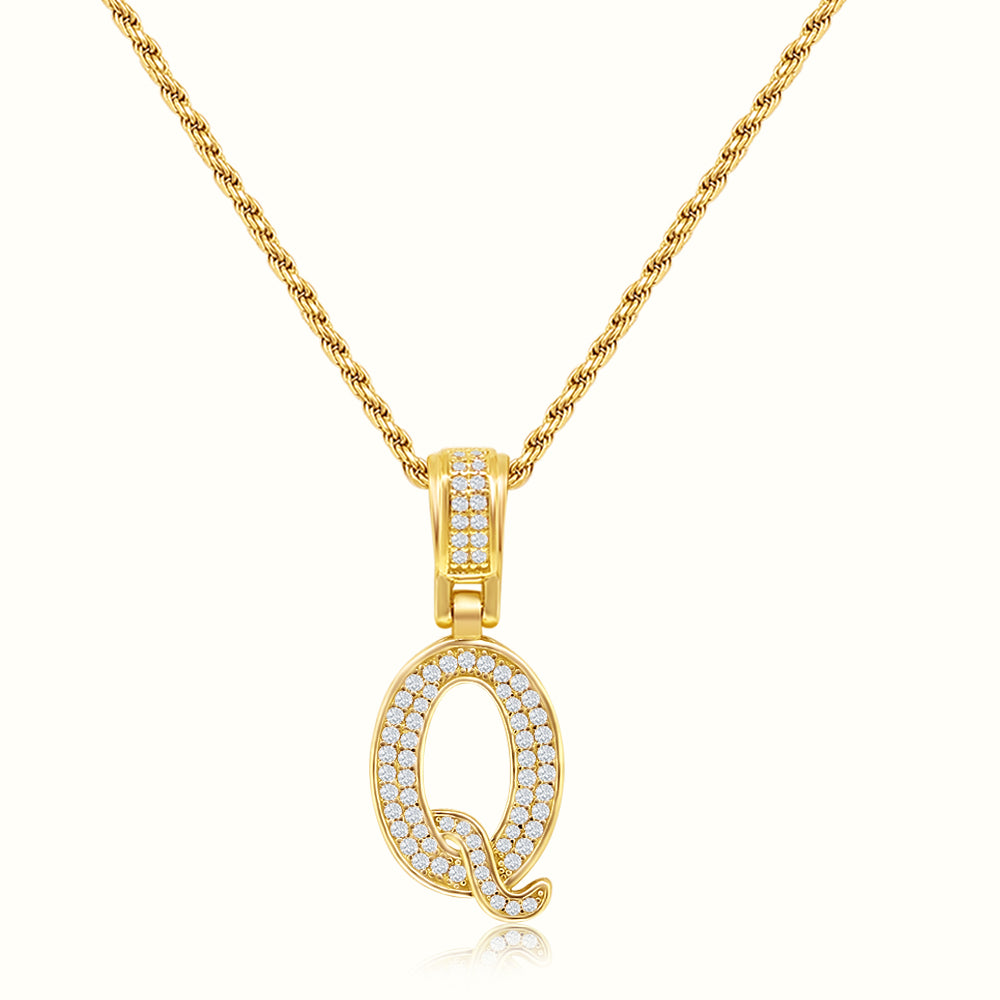 Women's Vermeil Diamond Initial Capital Letter Q Necklace Pendant Rope Chain The Gold Goddess Women’s Jewelry By The Gold Gods