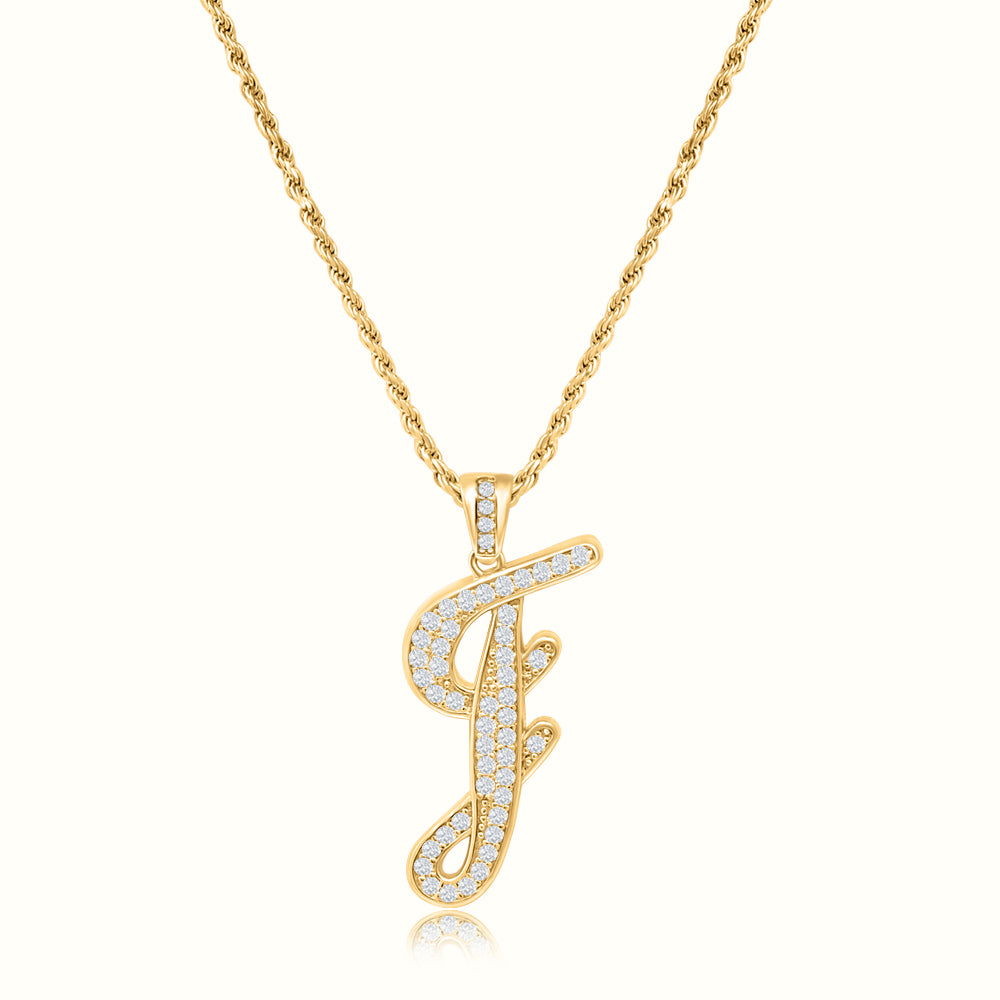 Women's Vermeil Diamond Script Initial Letter Necklace Pendant & Rope Chain