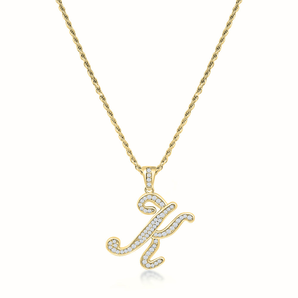Women's Vermeil Diamond Script Initial Letter Necklace Pendant & Rope Chain