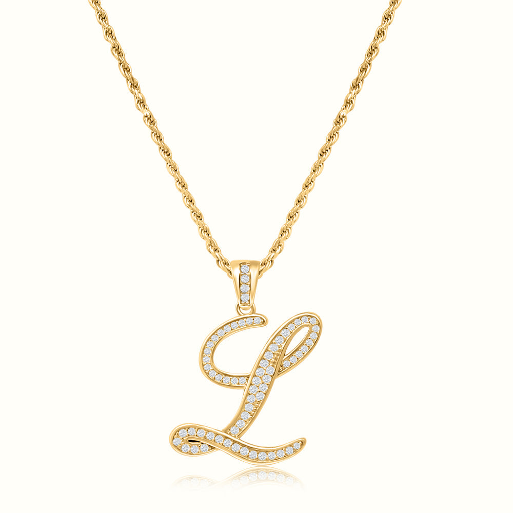 Women's Vermeil Diamond Script Initial Letter Necklace Pendant & Rope Chain