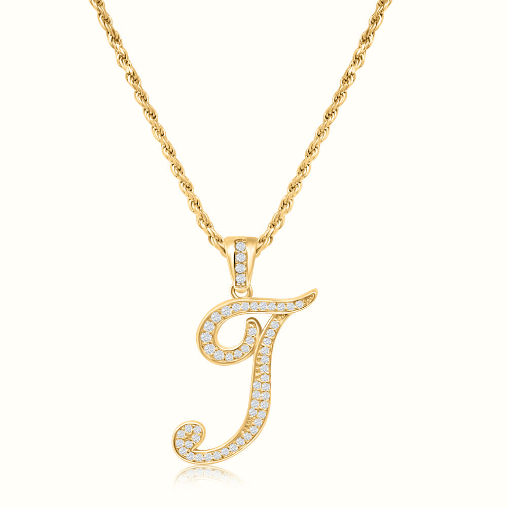 Women's Vermeil Diamond Script Initial Letter Necklace Pendant & Rope Chain