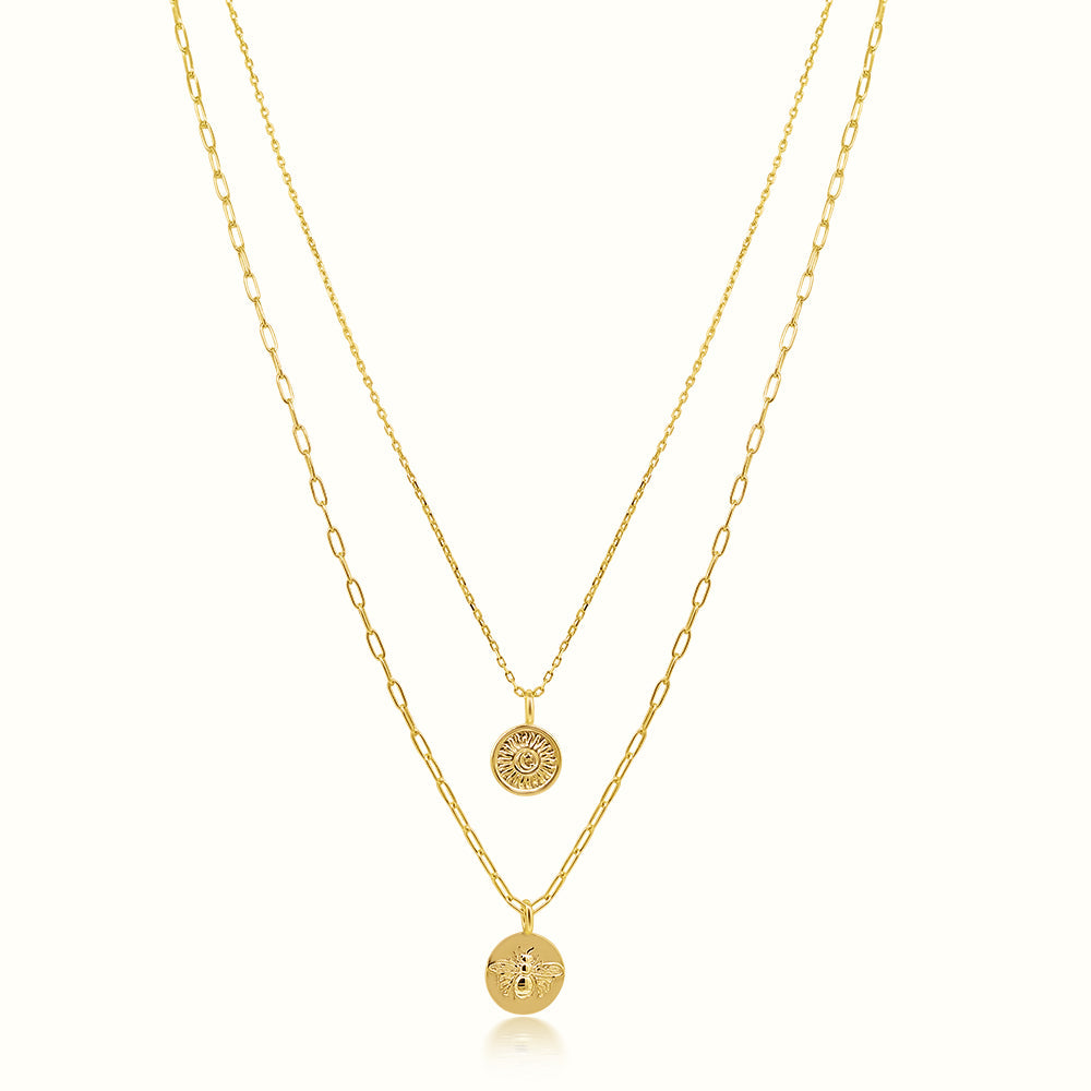 Women's Vermeil Sun & Bee Double Layered Coin Necklace Pendant The Gold Goddess Women’s Jewelry By The Gold Gods