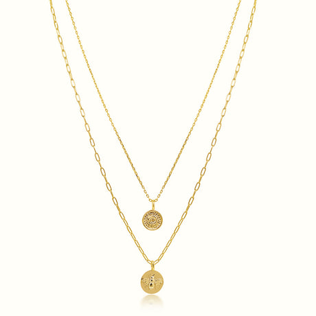 Women's Vermeil Sun & Bee Double Layered Coin Necklace Pendant The Gold Goddess Women’s Jewelry By The Gold Gods