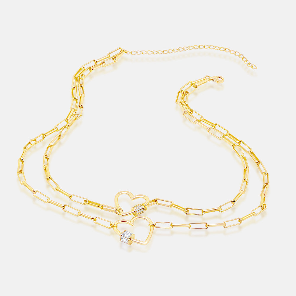 Women's Vermeil Twin Diamond Adorned Hearts & Paperclip Chain The Gold Goddess Women’s Jewelry By The Gold Gods
