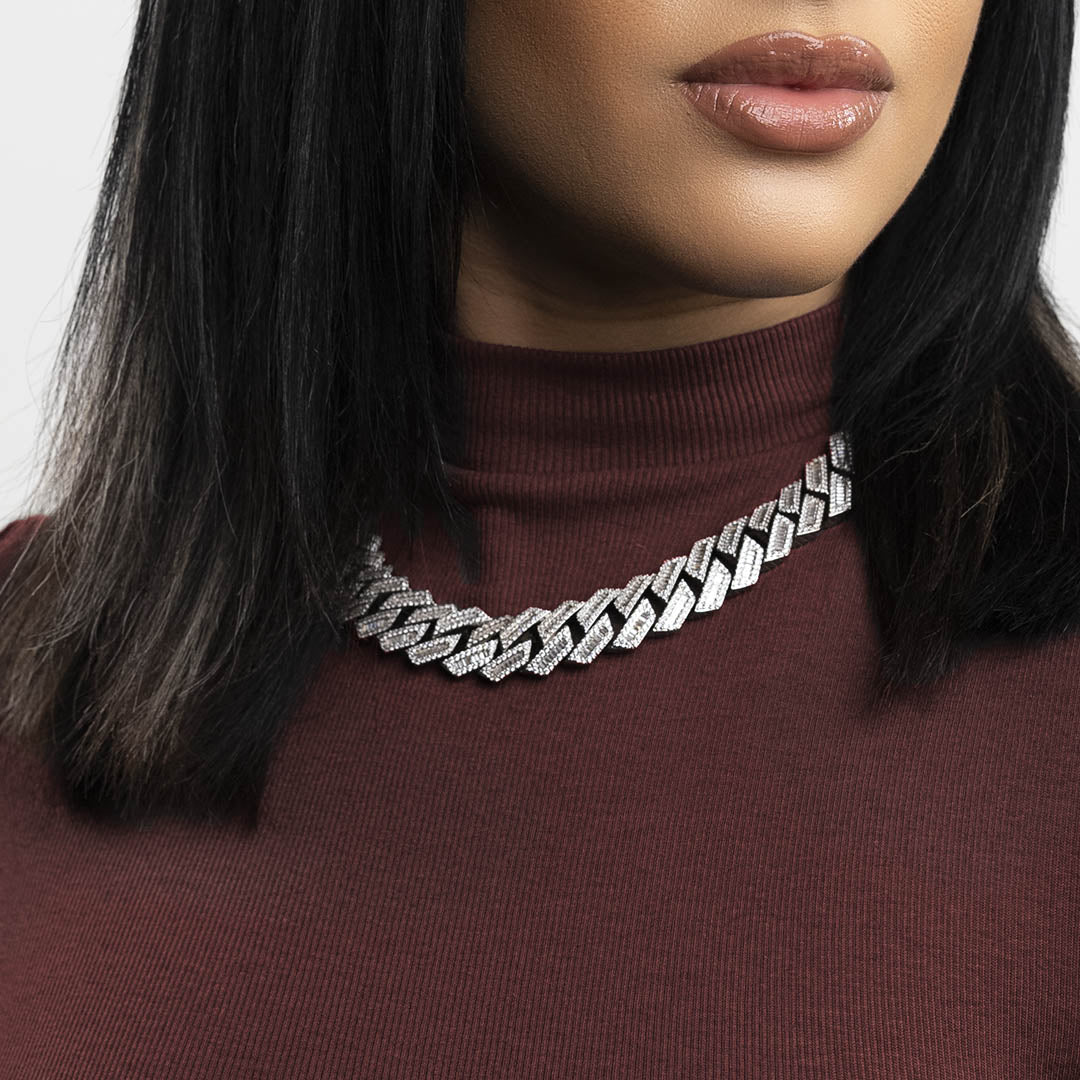 Women White Gold Diamond Straight Edge Cuban Chain (15mm)