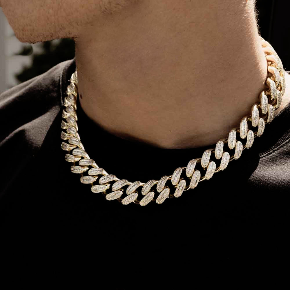 Diamond Baguette Cuban Link Chain 18mm The Gold Gods lifestyle look