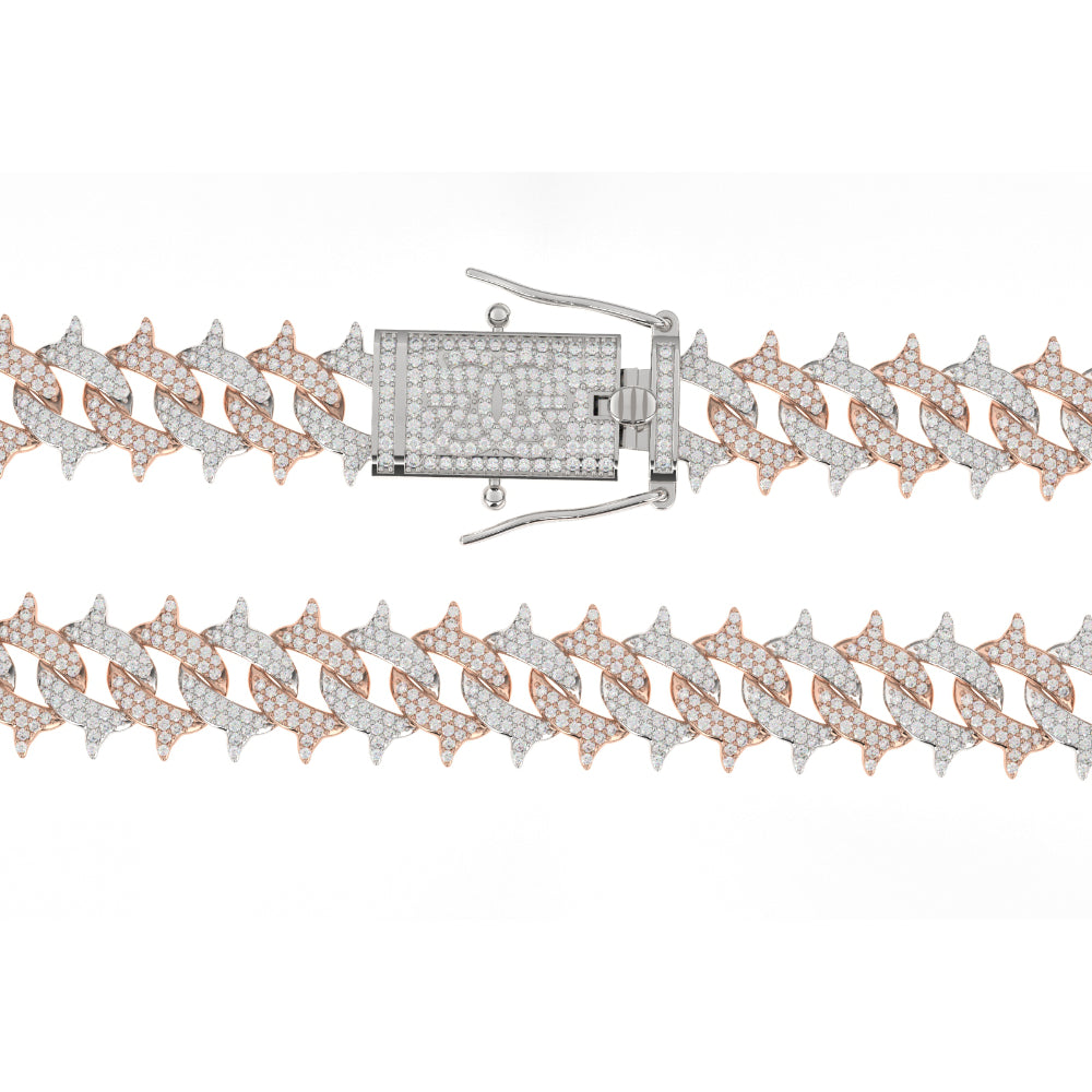 Diamond Cuban Spiked Chain 2 Tone 18k Rose & White Gold Men's jewelry The Gold Gods Lock view close up