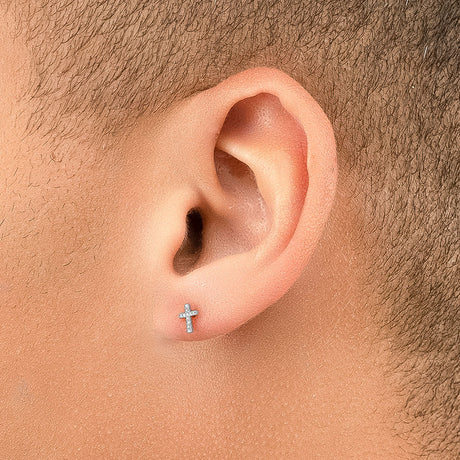 14k White Solid Gold Diamond Cross Stud Men's Earrings (.05CTW) The Gold Gods 2