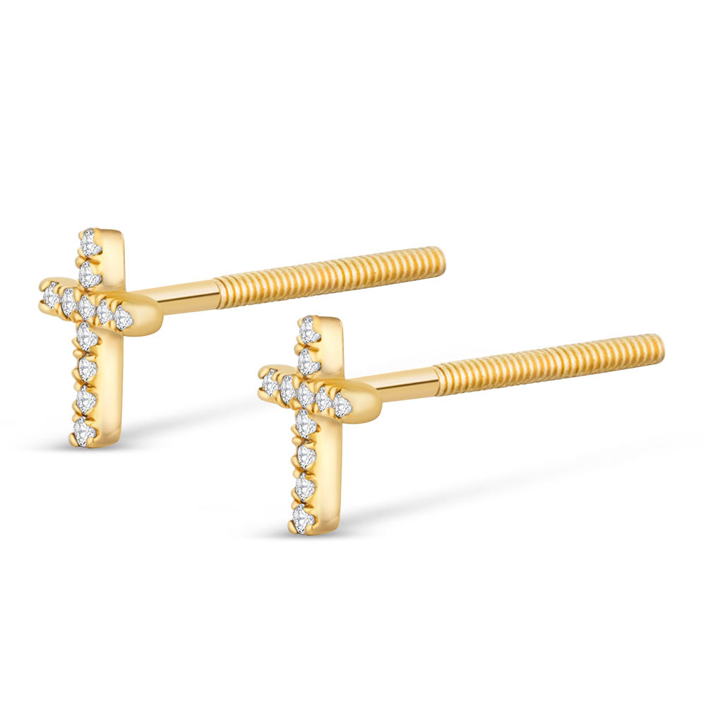 14k Solid Gold Diamond Cross Stud Ear Rings (.05CTW)