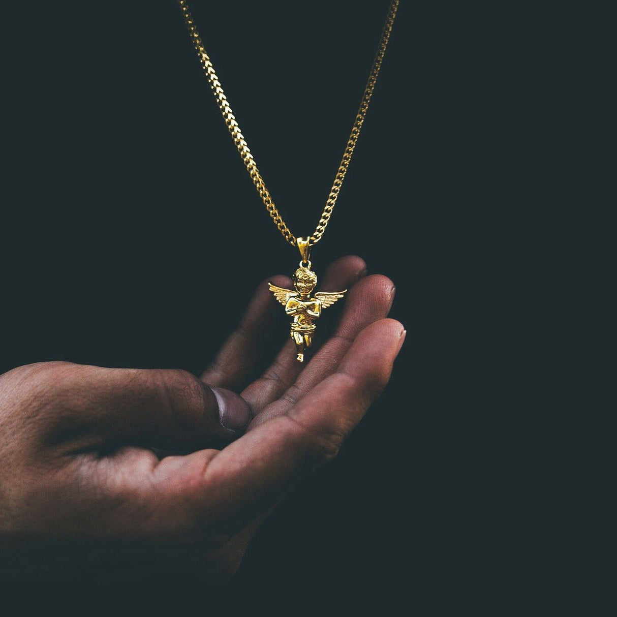Micro Angel Piece Gold Necklace Pendant & Franco Gold Chain The Gold Gods lifestyle look