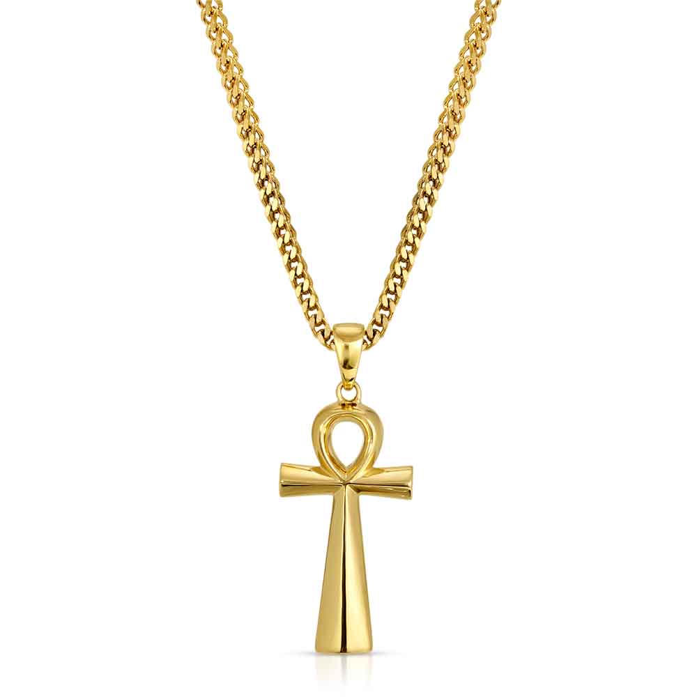 Micro Ankh Piece Gold Necklace Pendant & Franco Box Gold Chain The Gold Gods front view 2
