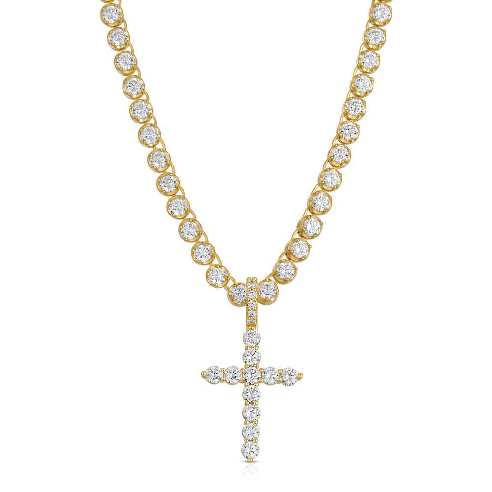 4mm Diamond Buttercup Tennis chain with diamond cross pendant The Gold Gods