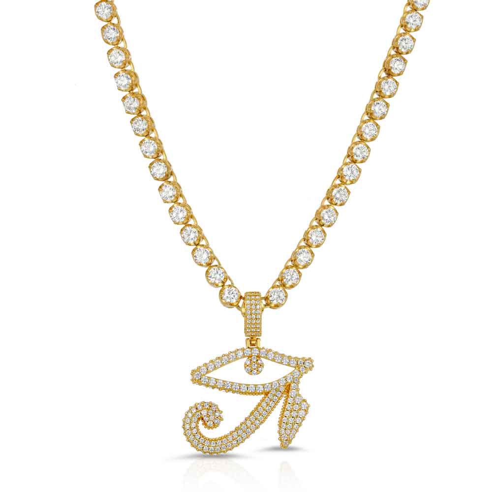 4mm Diamond Buttercup Tennis chain with diamond eye horus pendant The Gold Gods