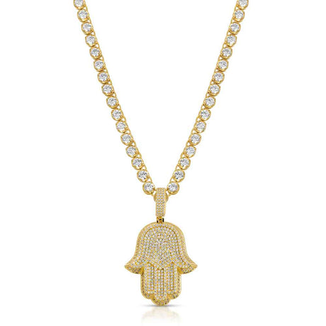 4mm Diamond Buttercup Tennis chain with diamond hansa hand pendant The Gold Gods  